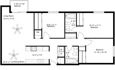 Floor plan for 3 beds, 2 baths, 1160 sqft